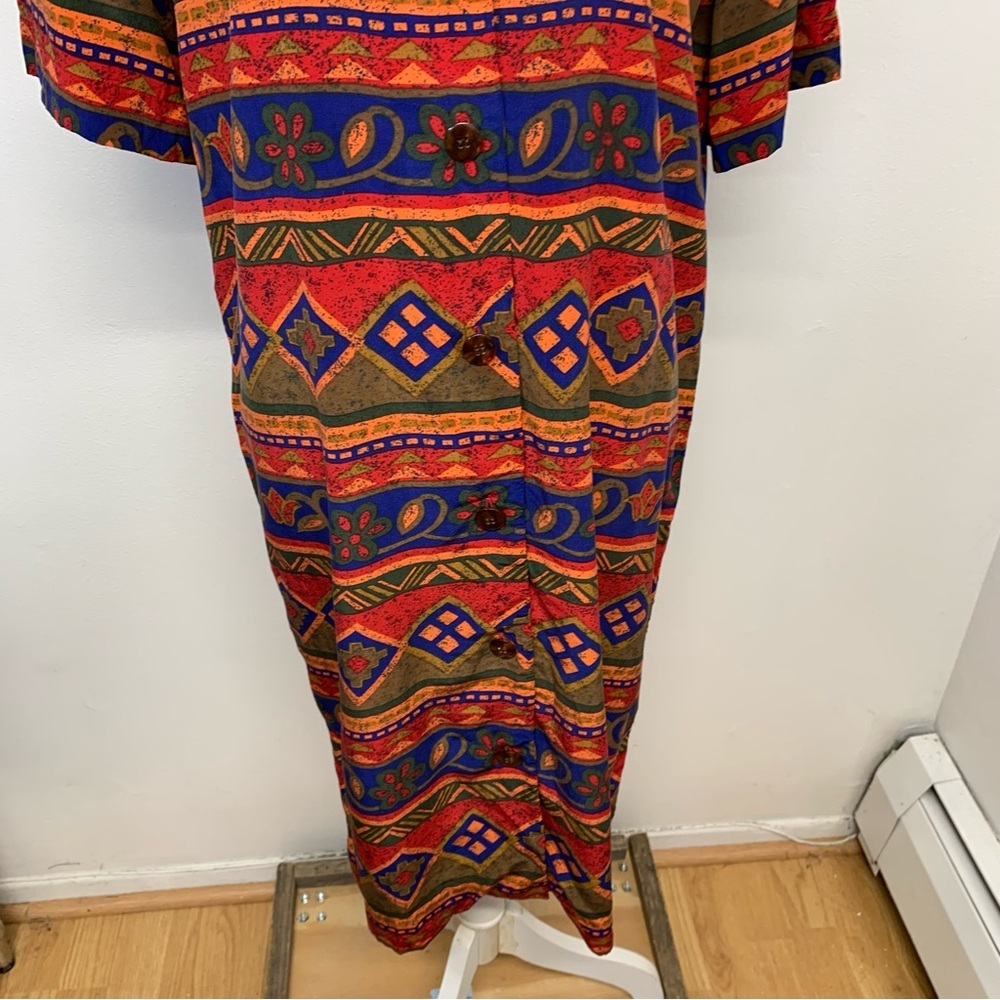 Vintage 90s Silk Dress 10 Button Front Belt Southwest Print Shift Lightweight - Picture 6 of 8